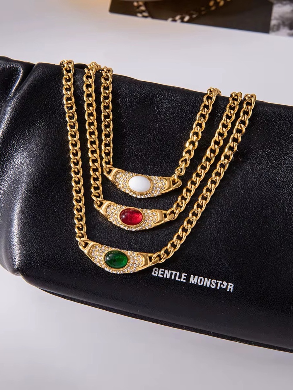 18K Gold Plated Green Stone & Cubic Zirconia Pendant Necklace - Picture 8 of 9